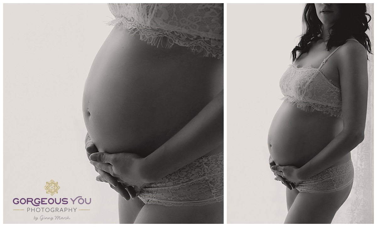 Black and white artistic Pregnancy Boudoir shoot - white floral set | Gorgeous You Photography