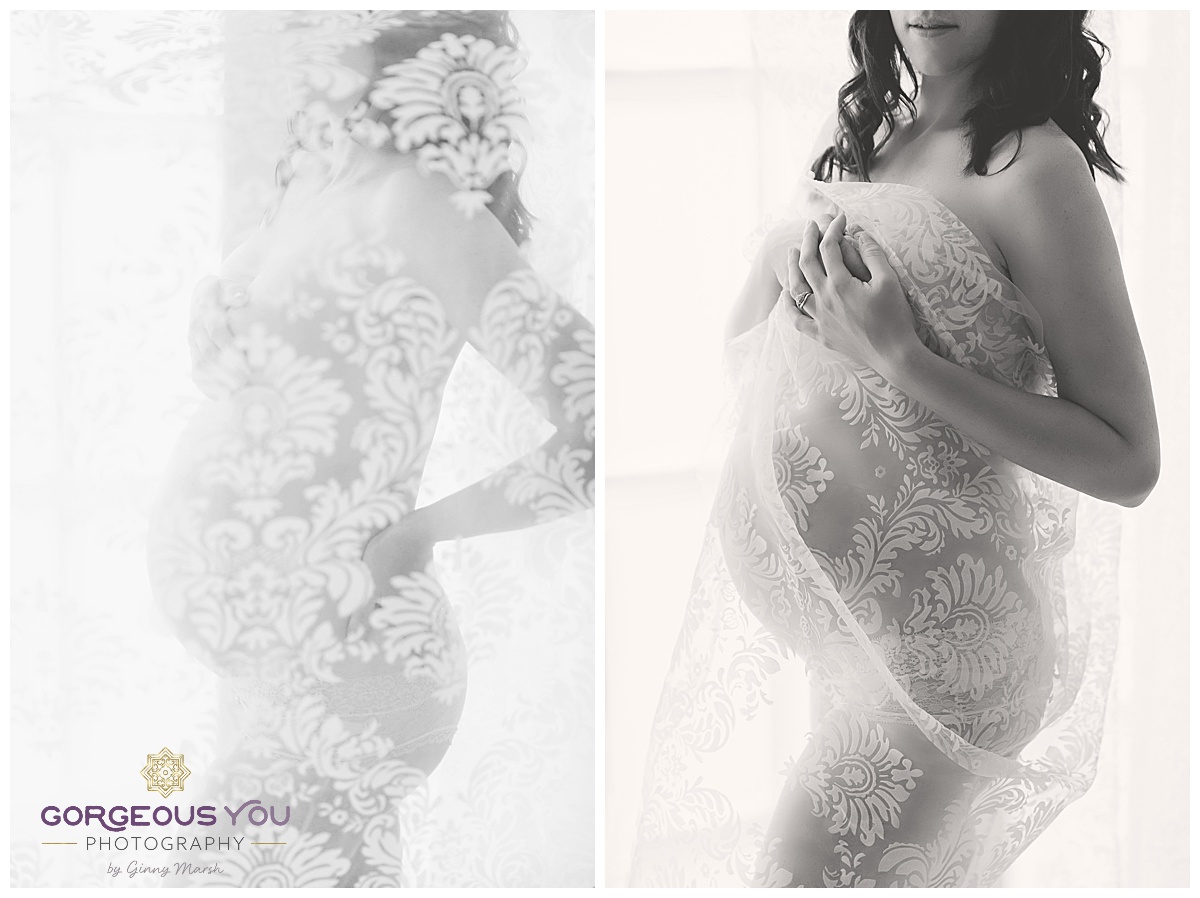 Black and white lace, artistic pregnancy boudoir shoot | Gorgeous You Photography