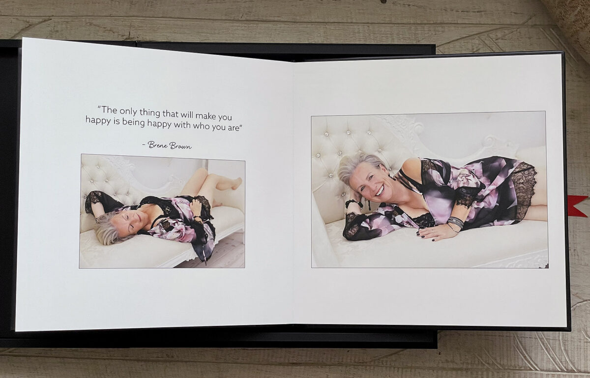 Jan's empowering photoshoot | Boudoir album with empowering quote | Gorgeous You Photography