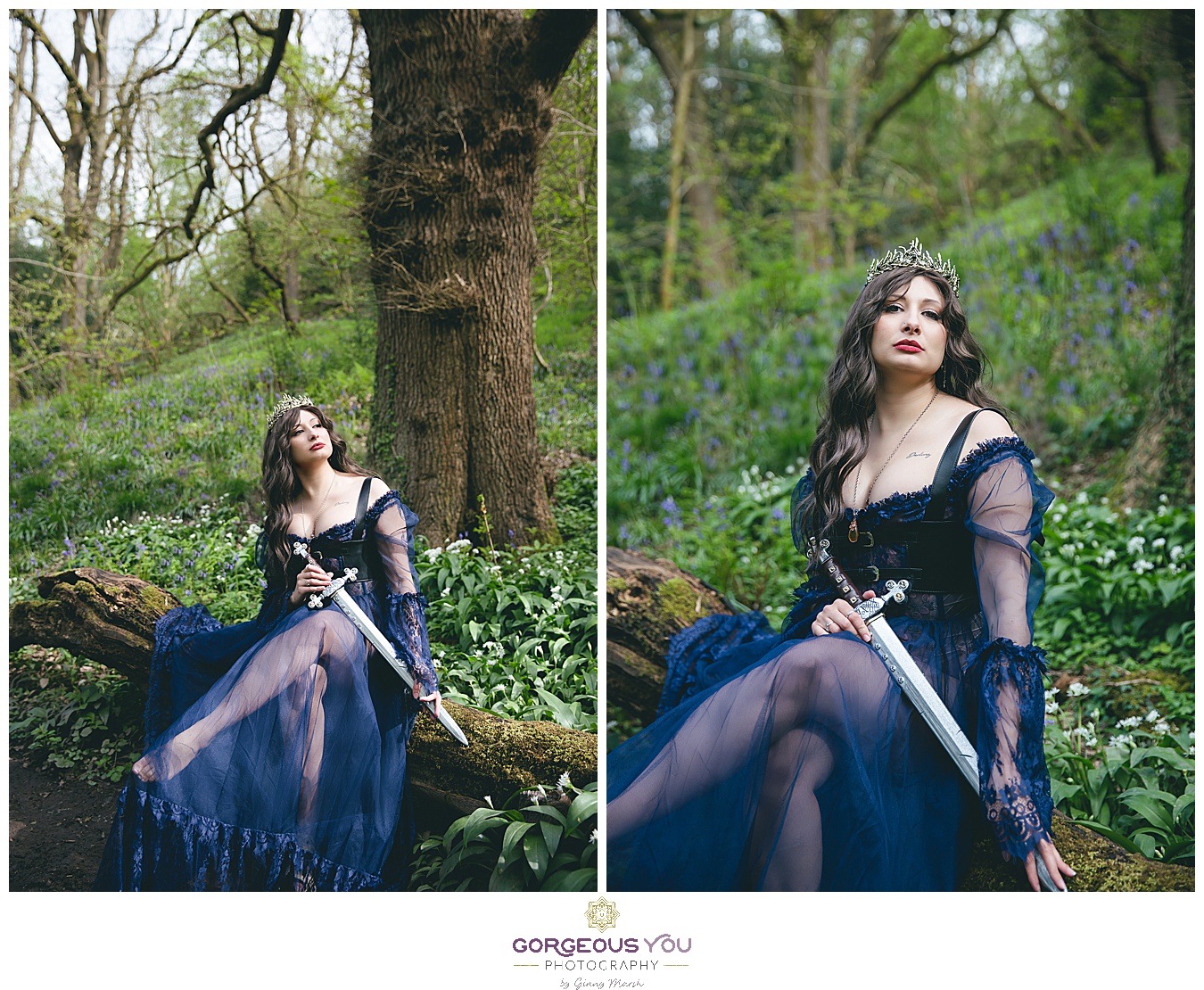 Navy tulle dress with black bodice and sword, wearing a crown | Divine feminine goddess boudoir photoshoot | Gorgeous You Photography | North Yorkshire