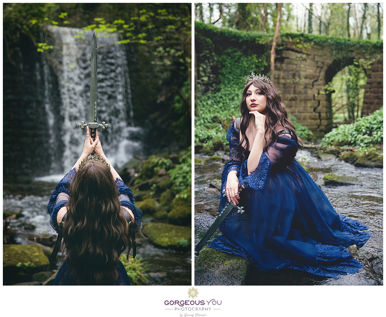 Navy tulle dress with black bodice, wearing a crown and holding a sword in front of a waterfall | Divine feminine goddess boudoir photoshoot | Gorgeous You Photography | North Yorkshire