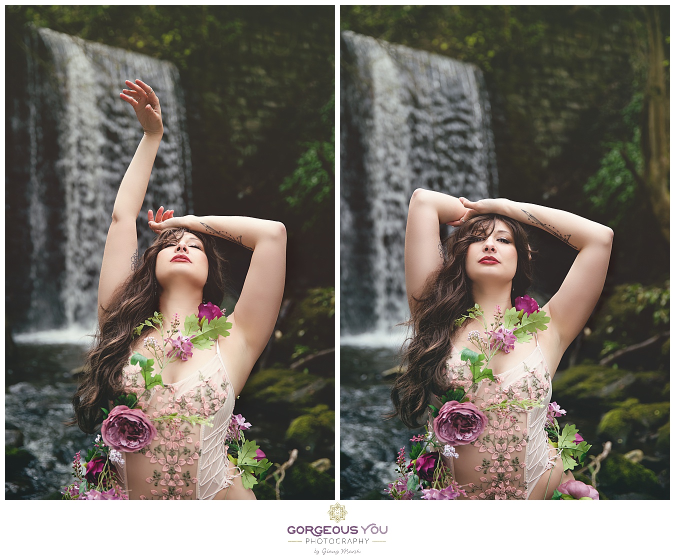 Pink and cream flower lacy body in front of a waterfall | Divine feminine goddess boudoir photoshoot | Gorgeous You Photography | North Yorkshire
