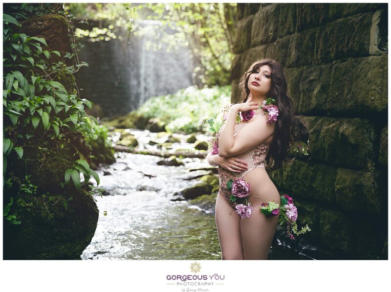 Pink and cream flower lacy body in front of a waterfall | Divine feminine goddess boudoir photoshoot | Gorgeous You Photography | North Yorkshire